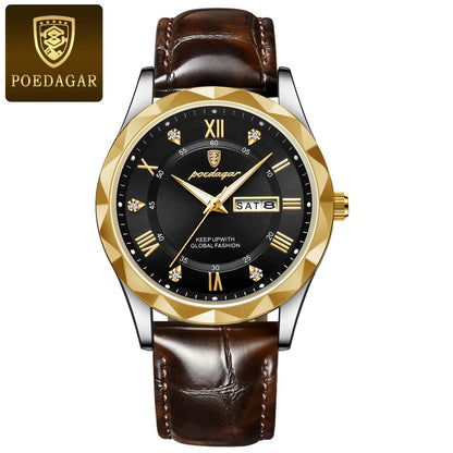 Montre pour homme POEDAGAR, modèle original de luxe : étanche, luminescente, avec affichage de la date et du jour. Montre à quartz au style classique et professionnel, dotée d'un bracelet en cuir.