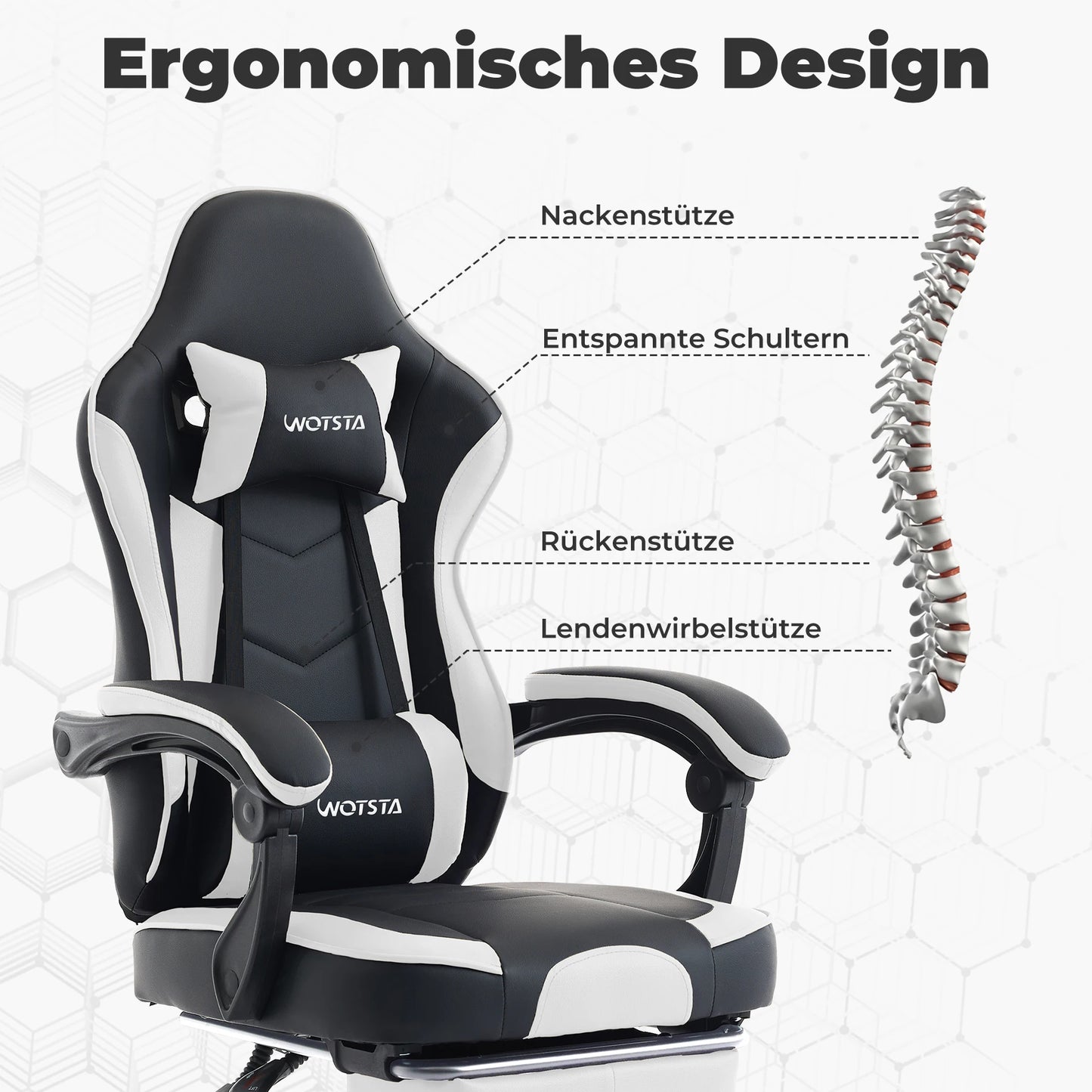 WOTSTA Gaming-Stuhl mit Fußstütze, ergonomischer Gamer-Stuhl mit Lendenkissen, Kopfstütze und höhenverstellbarem Computerstuhl