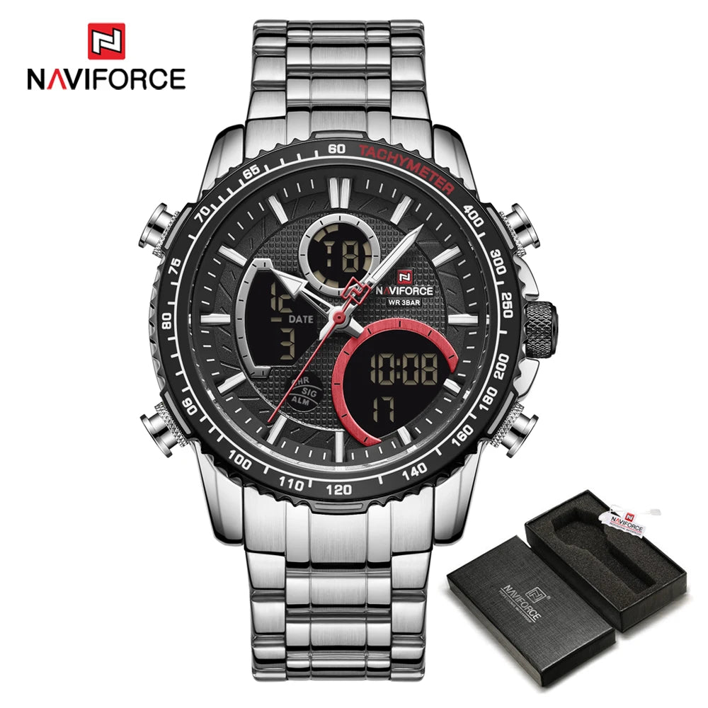 Pánské sportovní hodinky NAVIFORCE – originální luxusní náramkové hodinky z nerezové oceli, vodotěsný vojenský model s dvojitým displejem