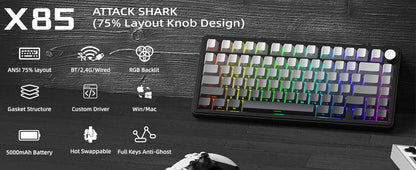 Teclado mecânico ATTACK SHARK X85 Tri-mode Gasket 75% com botão CNC, acolchoamento de 5 camadas, hot-swappable, retroiluminação RGB, NKRO
