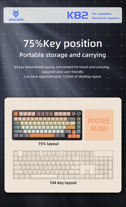 APAYADO 75% Gaming Keyboard Wired with Metal Knob, Hot-Swap K82 Black Mechanical Keyboard,ABS Transparent Character RGB