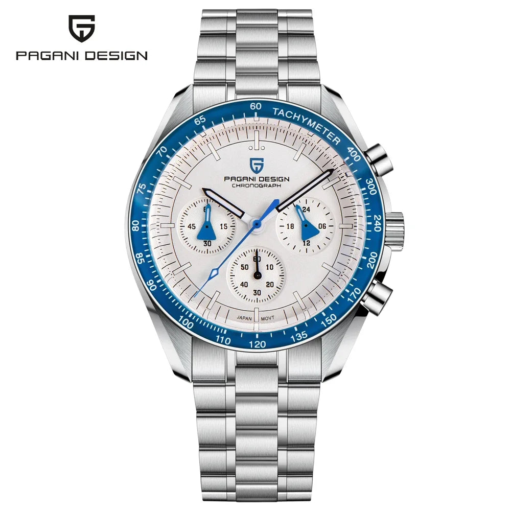 PAGANI DESIGN herenhorloge „New Moon“ – Luxe quartzhorloge, chronograaf, saffierglas met antireflectiebehandeling, keramische lunette, lichtgevende wijzers