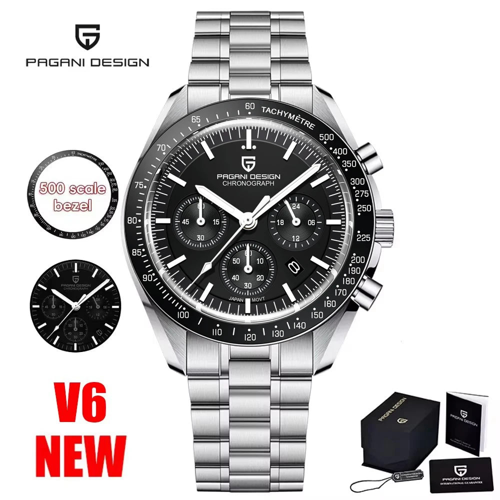 PAGANI DESIGN herenhorloge „New Moon“ – Luxe quartzhorloge, chronograaf, saffierglas met antireflectiebehandeling, keramische lunette, lichtgevende wijzers