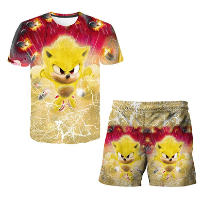New Boys T-shirt Sonic The Hedgehog 3D T-shirt Set for Boys Girls Cute Summer Top + Shorts Children's Short-Sleeve Birthday Gift