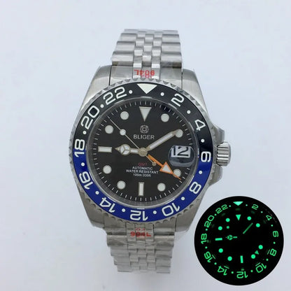 BLIGER 40mm NH34 GMT Watch For Men Mechanical Wristwatch Luminous Bezel Sapphire Glass Stainless Steel Bracelet Reloj Hombre