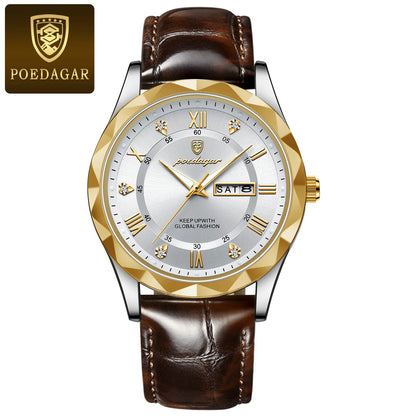 Montre pour homme POEDAGAR, modèle original de luxe : étanche, luminescente, avec affichage de la date et du jour. Montre à quartz au style classique et professionnel, dotée d'un bracelet en cuir.