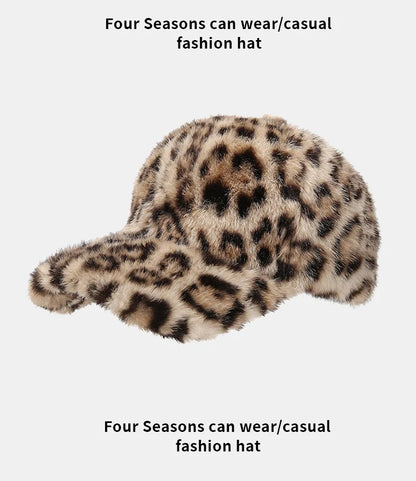 Leopard Print Baseball Cap Women Plush Faux Fur Keep Warm Winter Women's Cap Outdoor Vintage Snapback Hats For Women