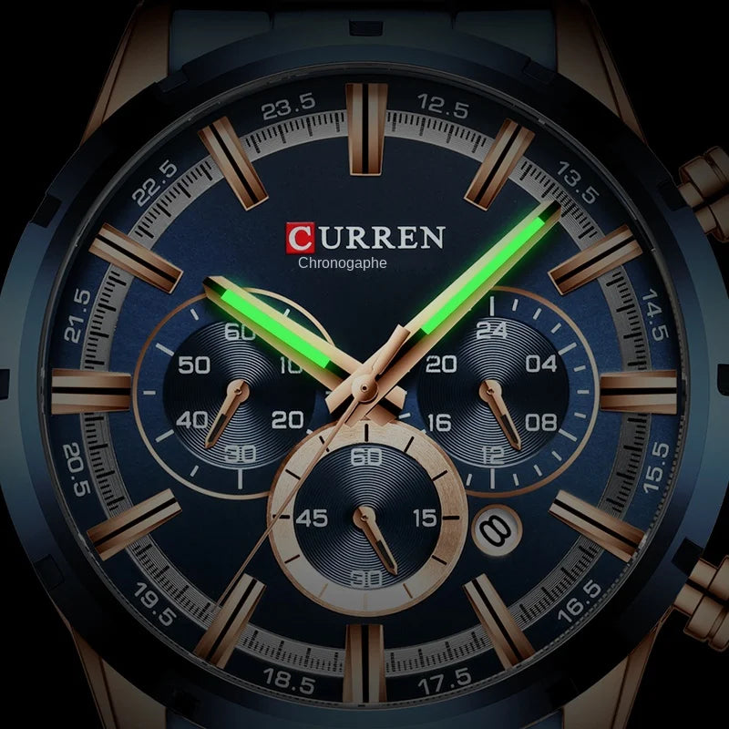 Pánské hodinky CURREN – luxusní sportovní chronograf, quartzový strojek, celonerezové, vodotěsné