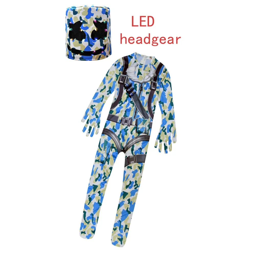 ❤★❤Fatos macacão DJ guerrilla warfare para crianças, roupa de cosplay de palhaço, fato de Halloween, Natal, festa temática, jogo, cosplay Fortnites Co★♥★
