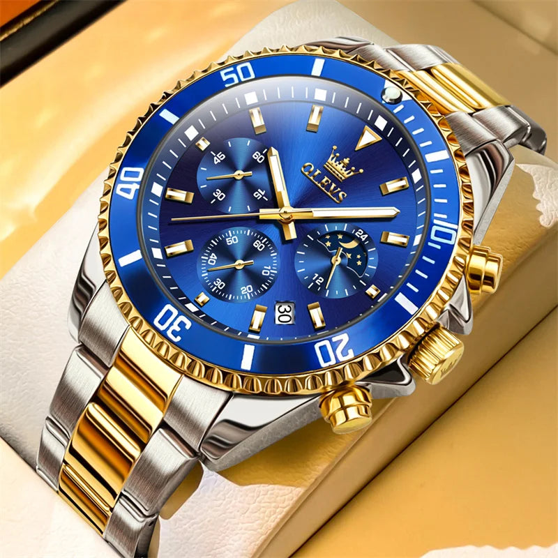 Reloj OLEVS para hombre, marca de lujo, reloj militar de cuarzo dorado, resistente al agua, fecha luminosa, caja de acero inoxidable.