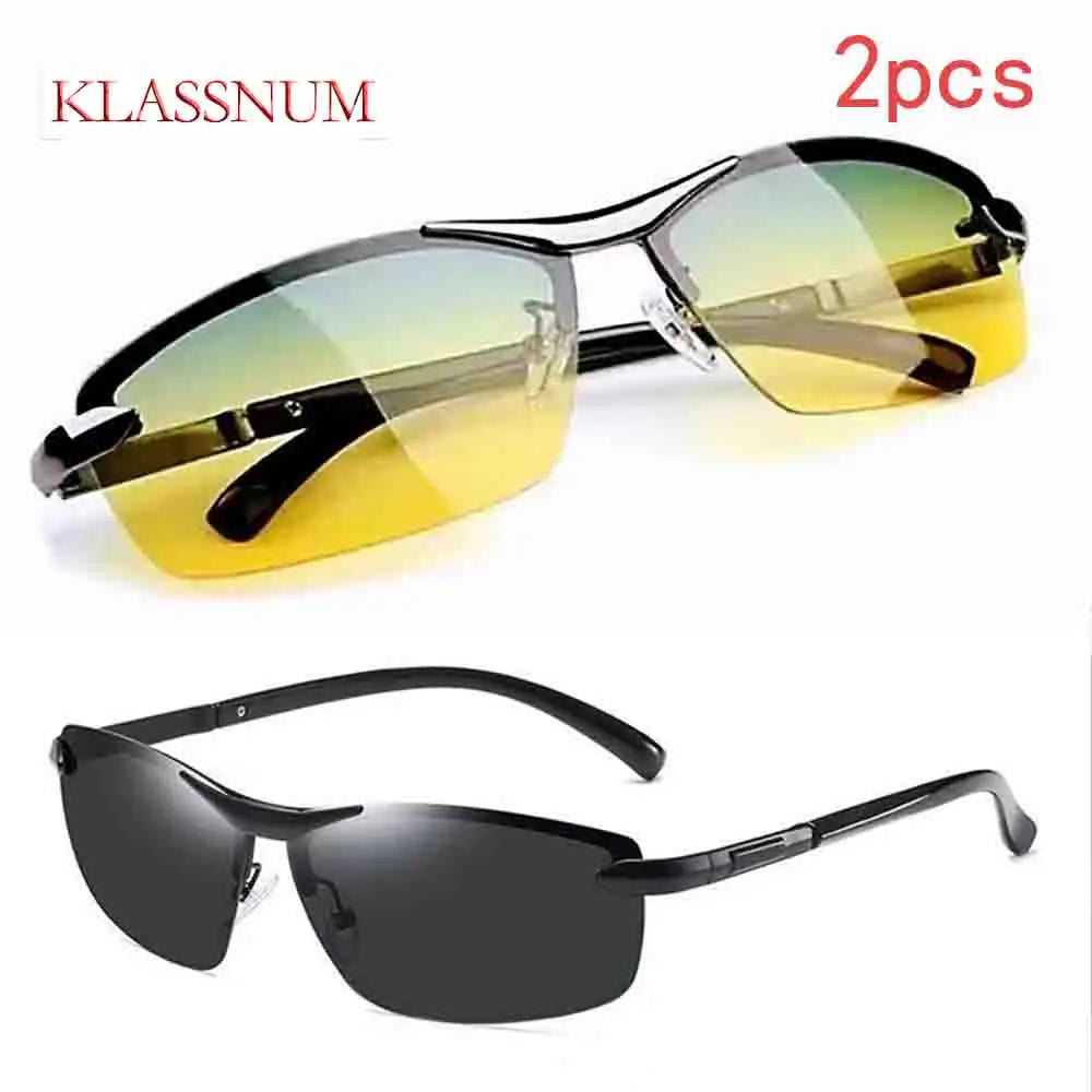 KLASSNUM Męskie modne okulary rowerowe bez oprawek, fotochromowe, polaryzacyjne, zmieniające kolor, do wędkowania, jazdy samochodem, żółte szkła