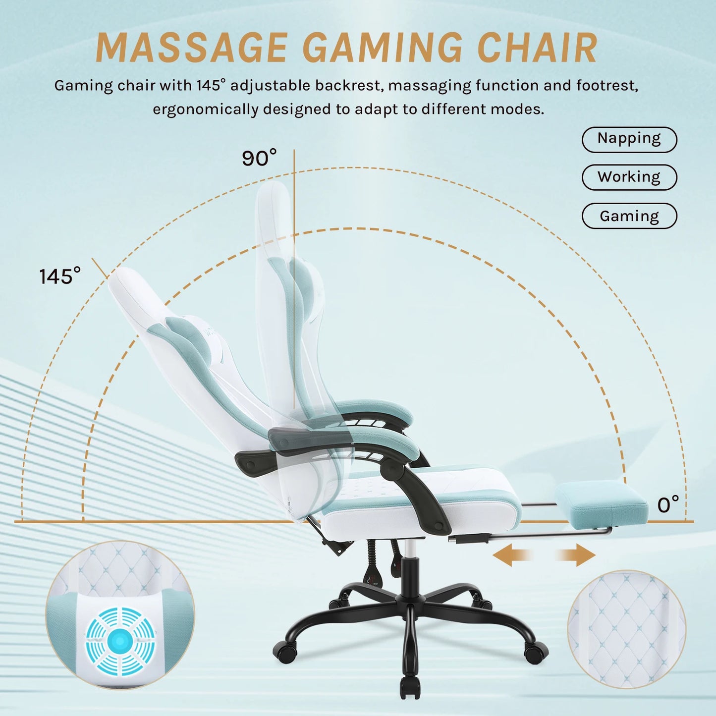 Fotel komputerowy obrotowy WOLTU z funkcją masażu, ergonomiczny fotel biurowy z poduszką i podnóżkiem, gamingowy fotel z regulacją wysokości