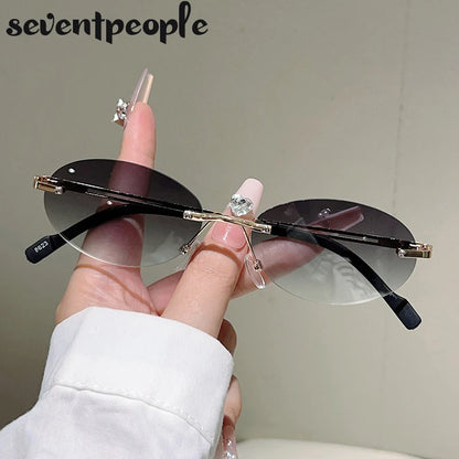 Rimless Oval Sunglasses Women 2026 Luxury Brand Vintage Small Frame Gold Metal Gradient Lens Y2K Punk Streetwear Fashion Eyewear