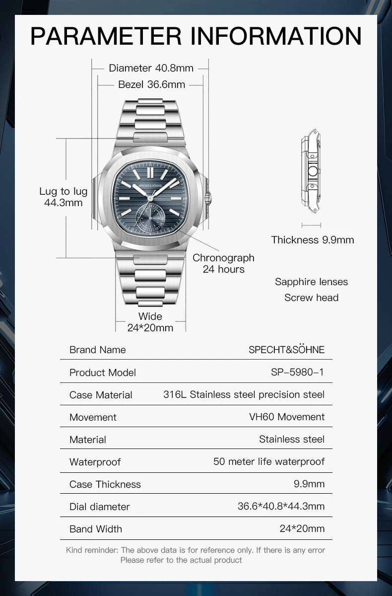 Specht & Söhne New Classic 40.8MM Ultrathin Watch For Men Japan VH60 Movt Sapphire Crystal 5980 Sports Wristwatch 50M Waterproof