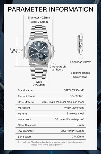 Specht & Söhne New Classic 40.8MM Ultrathin Watch For Men Japan VH60 Movt Sapphire Crystal 5980 Sports Wristwatch 50M Waterproof