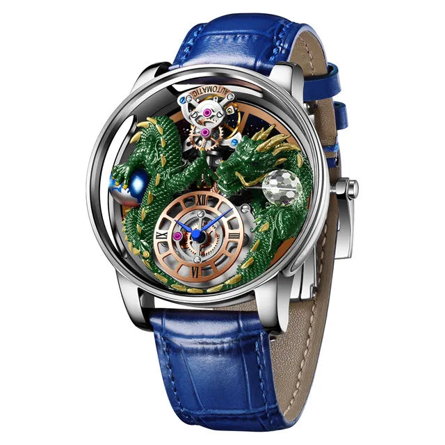 PINDU Design New 3D Dragon Earth Theme Quartz Watches Men Celestial Series Curved Mirror Transparent Design Watch Wristwatches