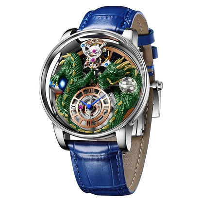 PINDU Design New 3D Dragon Earth Theme Quartz Watches Men Celestial Series Curved Mirror Transparent Design Watch Wristwatches