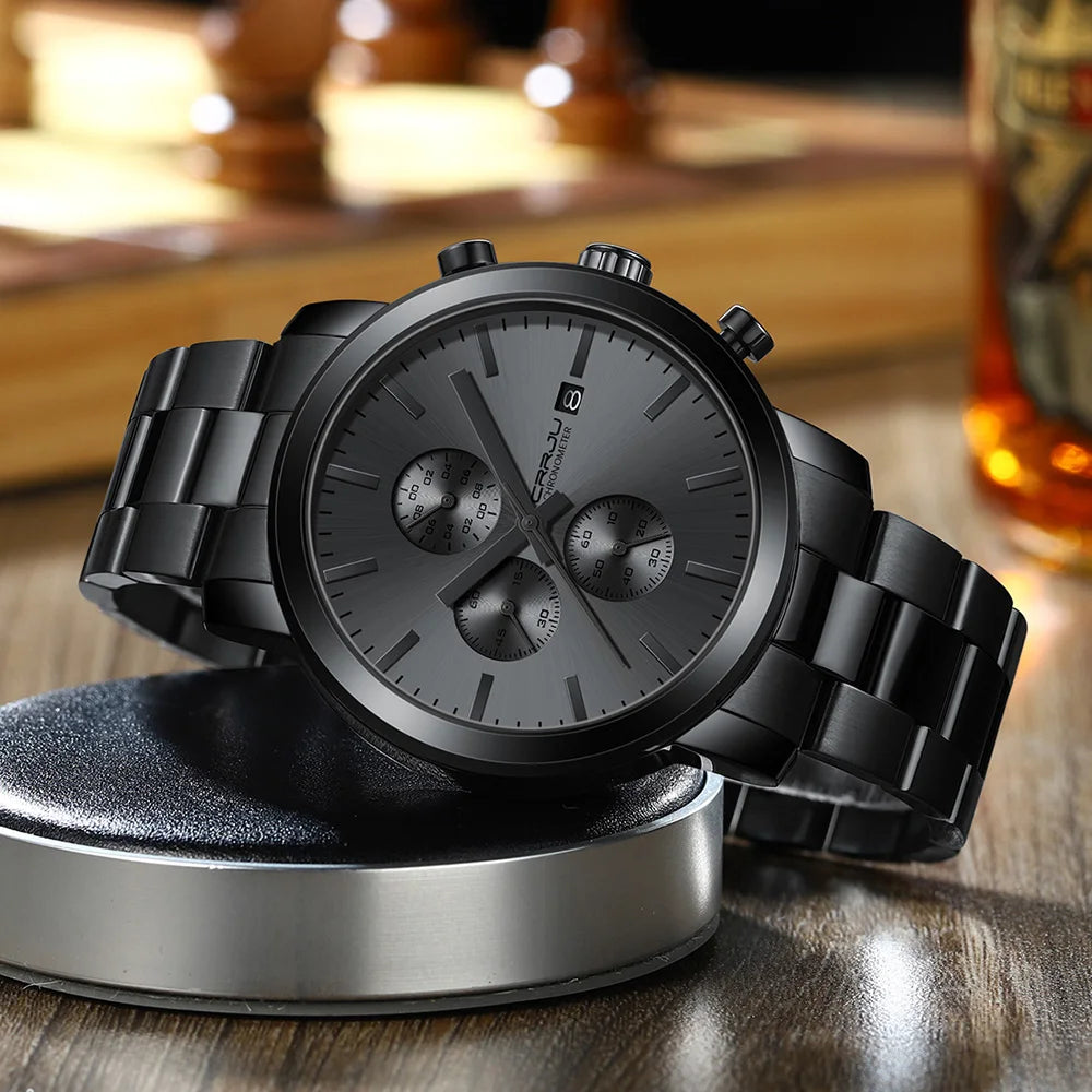 Vyriškas laikrodis CRRJU – nerūdijančio plieno chronografas, atsparus vandeniui, su datos rodikliu, analoginis kvarcinis mechanizmas, elegantiškas ir profesionalus stilius