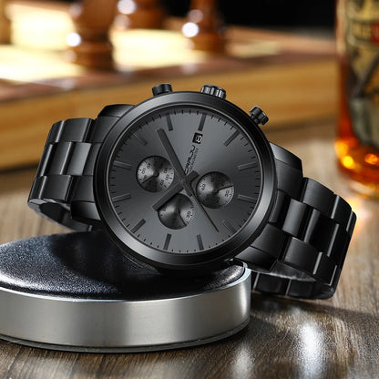 Vyriškas laikrodis CRRJU – nerūdijančio plieno chronografas, atsparus vandeniui, su datos rodikliu, analoginis kvarcinis mechanizmas, elegantiškas ir profesionalus stilius