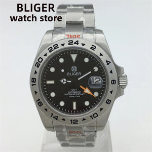 BLIGER 40mm/43mm Japan NH34 GMT Men's mechanical watch green luminous white dial sapphire glass stainless steel strap