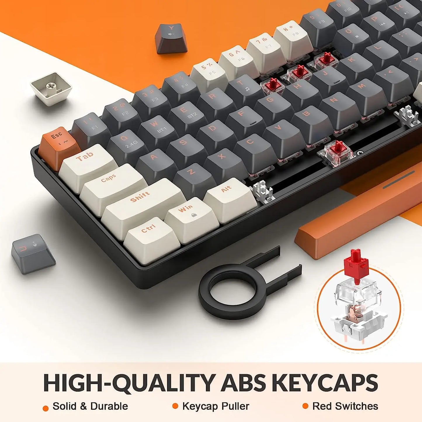 Teclado Mecânico Sem Fios RK68 60%, Bluetooth 5.0/2.4GHz com Recetor 2 em 1 de Modo Duplo, Teclado Gaming de 68 Teclas Hot-Swappable