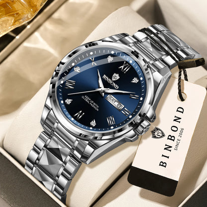 Montre-bracelet à quartz pour homme BINBOND – Style professionnel, luxueuse, lumineuse, robuste et durable, étanche, avec affichage automatique de la date et du jour de la semaine.