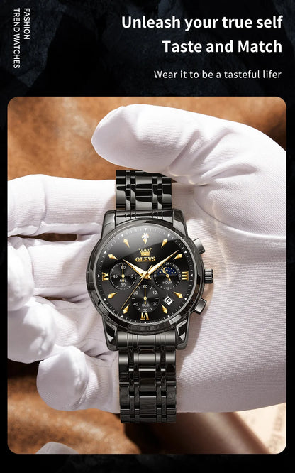 OLEVS 3639 Top Brand Original Luxury New Quartz Watch Stainless Steel Watch For Men Waterproof Luminous Moon Phase Mens Watch