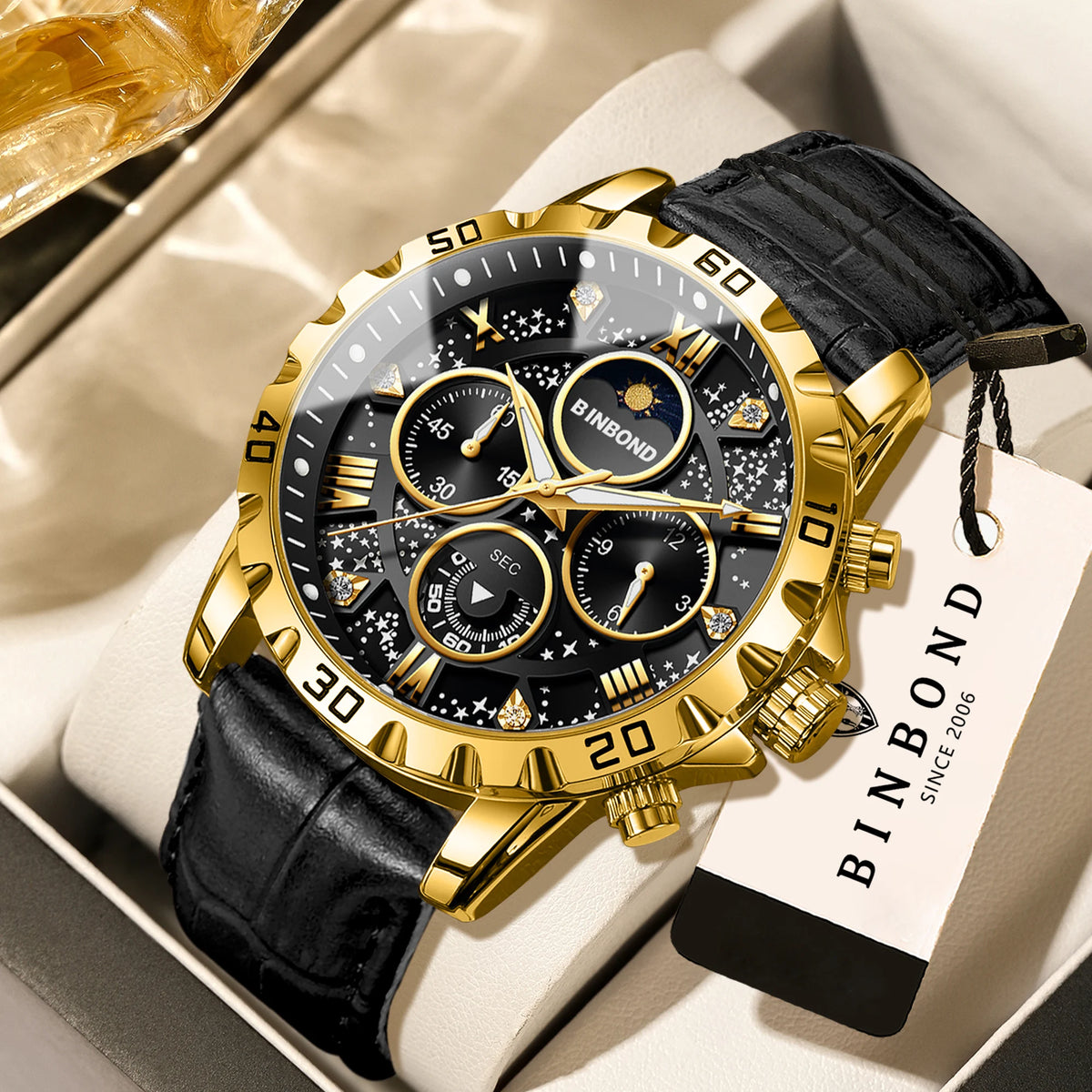 Orologio da polso al quarzo BINBOND, autentico e preciso, da uomo, cronografo di lusso illuminato e impermeabile con cinturino in pelle.
