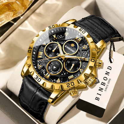 Orologio da polso al quarzo BINBOND, autentico e preciso, da uomo, cronografo di lusso illuminato e impermeabile con cinturino in pelle.