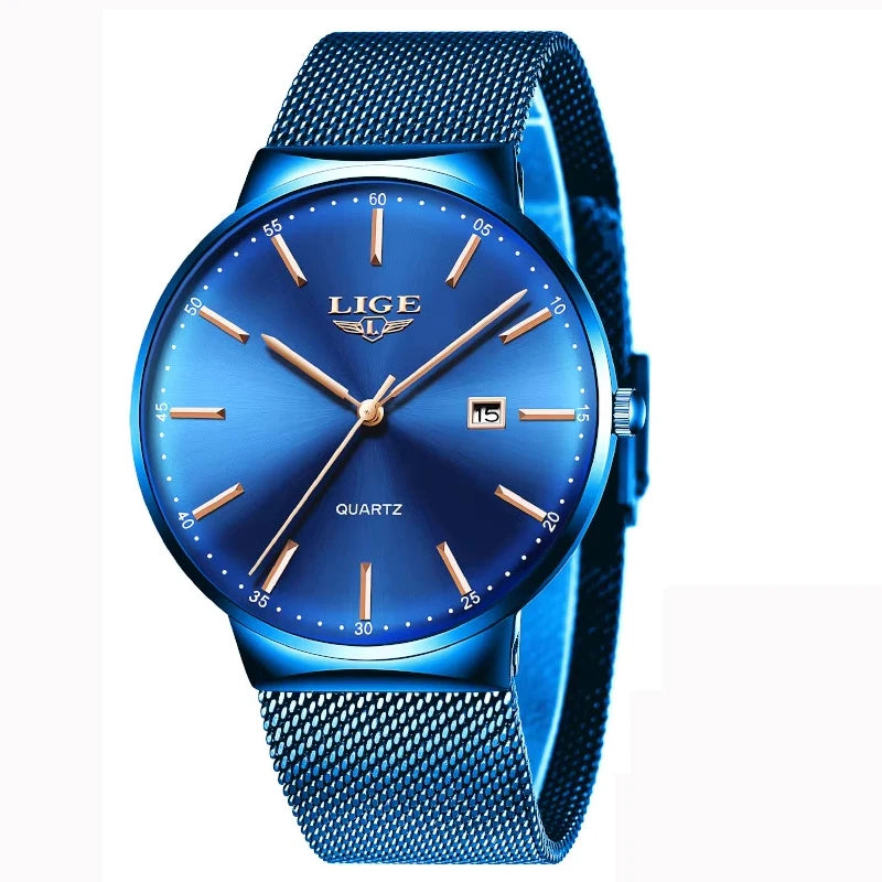 Montre pour homme LIGE, modèle élégant et luxueux, ultra-fin, étanche, avec bracelet en maille, mouvement à quartz, affichage de la date et calendrier – idéale pour un style professionnel.