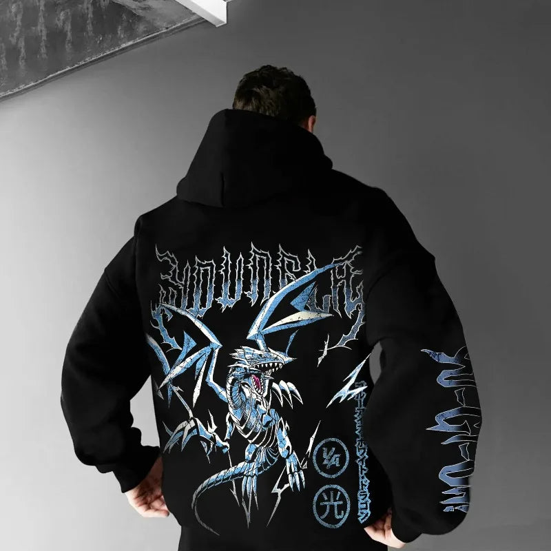 Κλασικό Anime Yu Gi Oh με Χαρακτήρα Blue Eyed White Dragon, Ανδρικό Φαρδύ Χοντρό Hoodie με Στάμπα για Φθινόπωρο/Χειμώνα, Y2K Halloween COS