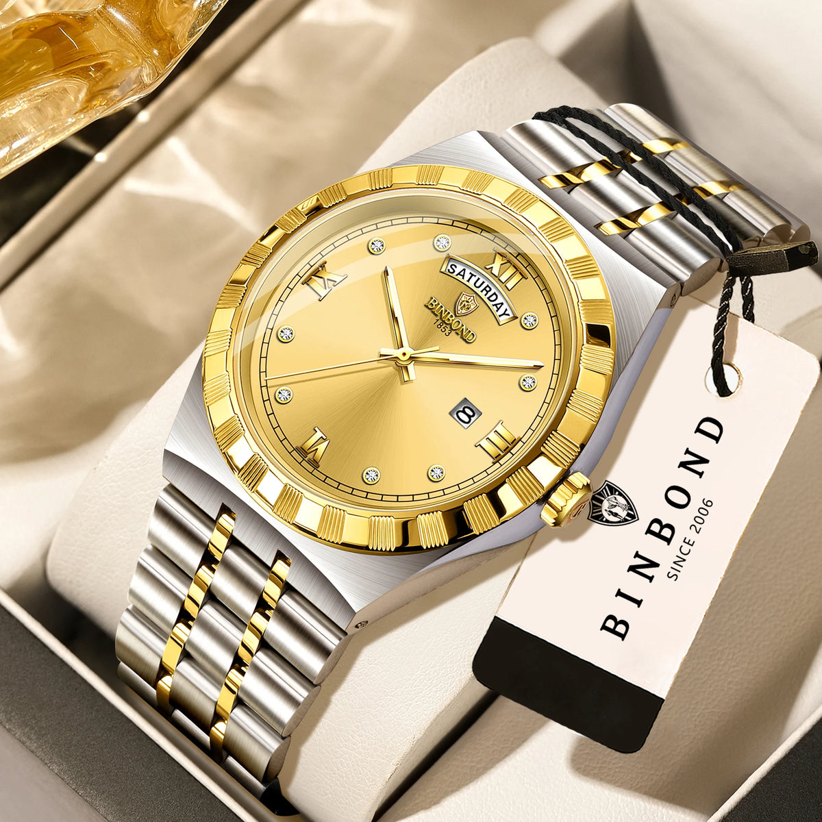 Montre pour homme de la marque originale BINBOND – Montre-bracelet à quartz, modèle de luxe, étanche et luminescent.