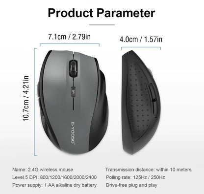 E-YOOSO E-1010 USB 2.4G bezdrátová herní a kancelářská myš, optická herní myš 2400 DPI, ergonomická pro notebook, PC a počítač