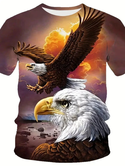 Nowa męska koszulka T-shirt z efektownym wzorem orła, nadruk 3D z płomiennym orłem, letni streetwear, modny krótki rękaw, męskie T-shirty i topy