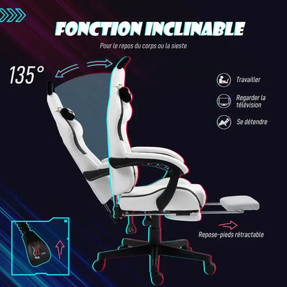 Cute Cat Gaming Chair with Removable Cat Ears, Retractable Footrest, Adjustable Height, Lumbar Support, 360° Swivel Reclining Gamer Chair