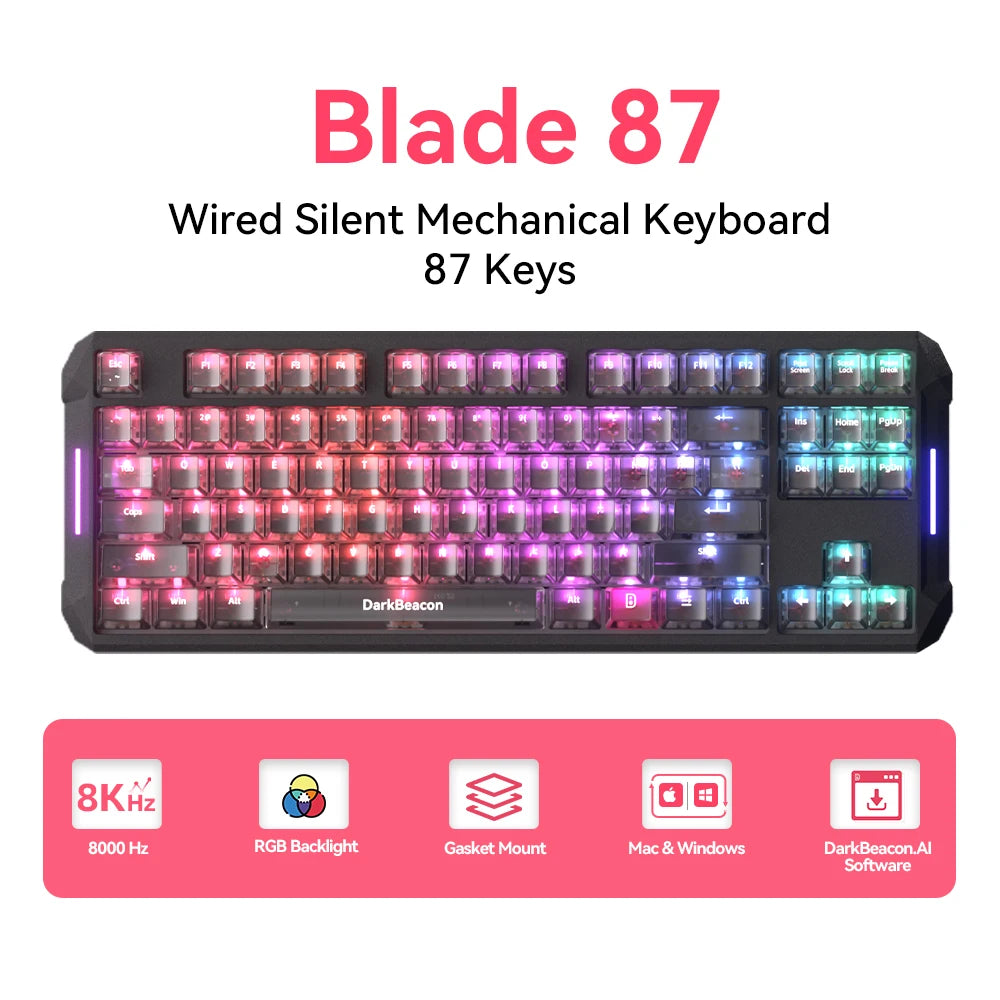 DarKBeacon RGB 87 Tasten kompaktes TKL-Keyboard, USB-kabelgebunden, Hot-Swappable, leise mechanische Tastatur für Windows-Laptop, PC, Gaming und Arbeit