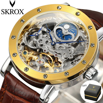 Reloj de pulsera mecánico automático SKROX para hombre, modelo esqueleto con función GMT, fase lunar y tourbillon: reloj de lujo de alta gama, elegante y original.