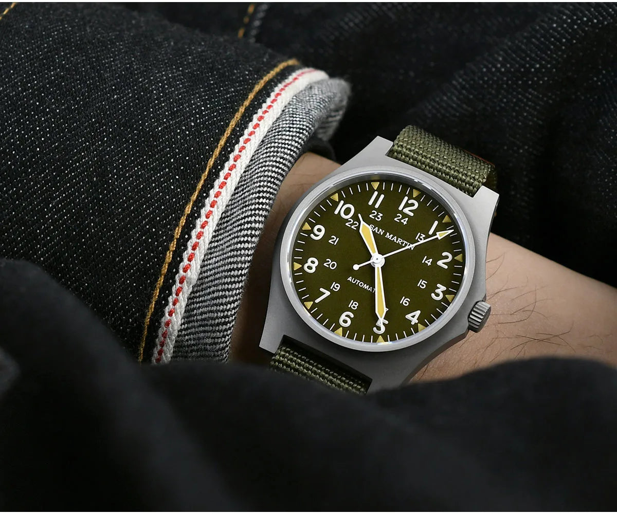 San Martin Pilot Watch 38mm NH35 Retro Military Automatic Mechanical Wristwatch Bead Blasted Case Waterproof 100m SN0137