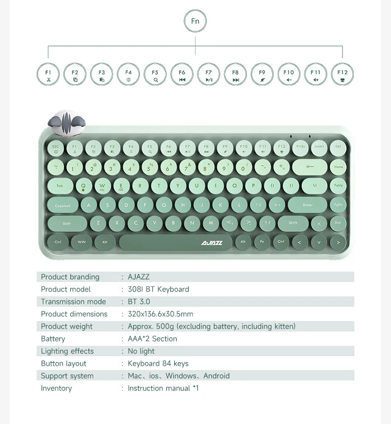 Teclado inalámbrico Ajazz 308I de 18/84 teclas con teclas redondas, Bluetooth, portátil 2.4GHz, teclado numérico para tablet, portátil y Android
