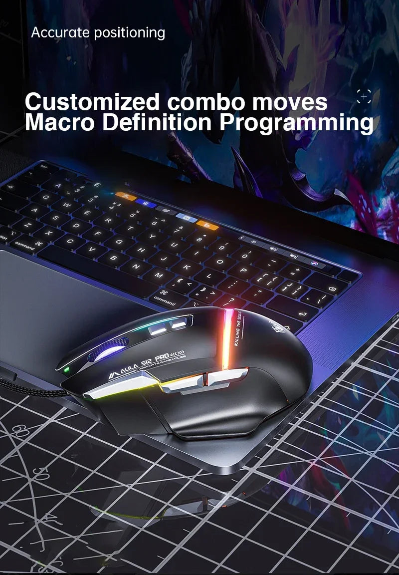 AULA S12Pro kablet mekanisk mus 1000HZ 12800DPI RGB lav latenstid makrodefinitioner esport gamingmus PC-gamer-tilbehør