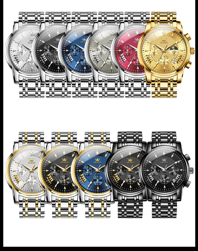 OLEVS – Modische rote Herrenuhr, luxuriöse Sportuhr, wasserdicht, Edelstahl-Chronograph, Quarz-Uhr, Herrenuhr (Relogio Masculino)