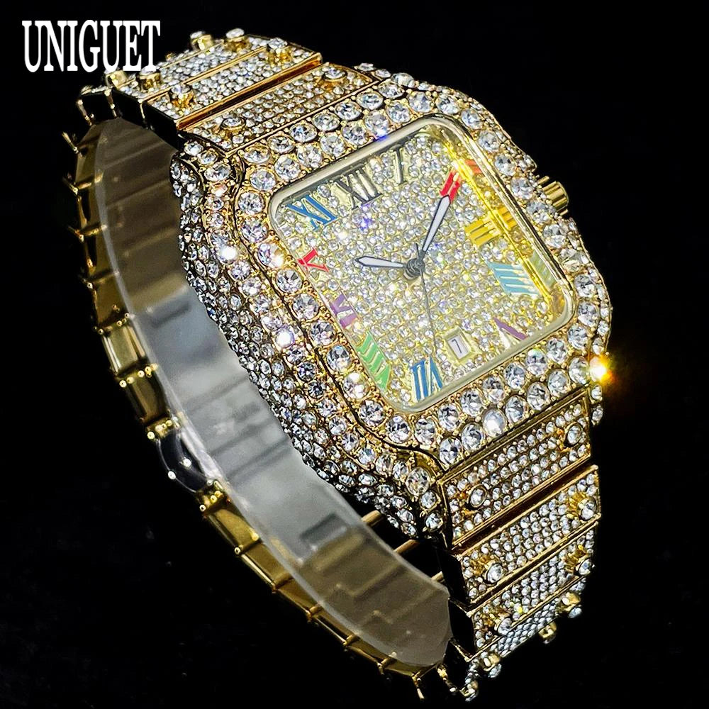 UNIGUET Big Diamond Watch Men Luxury Colored Roman Literal Watch Man Hip Hop Jewelry Bling Bling Square Wristwatch Dropshipping