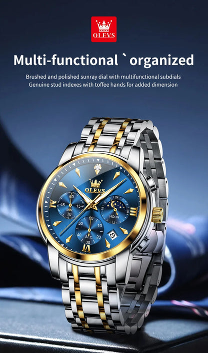OLEVS 3639 Top Brand Original Luxury New Quartz Watch Stainless Steel Watch For Men Waterproof Luminous Moon Phase Mens Watch