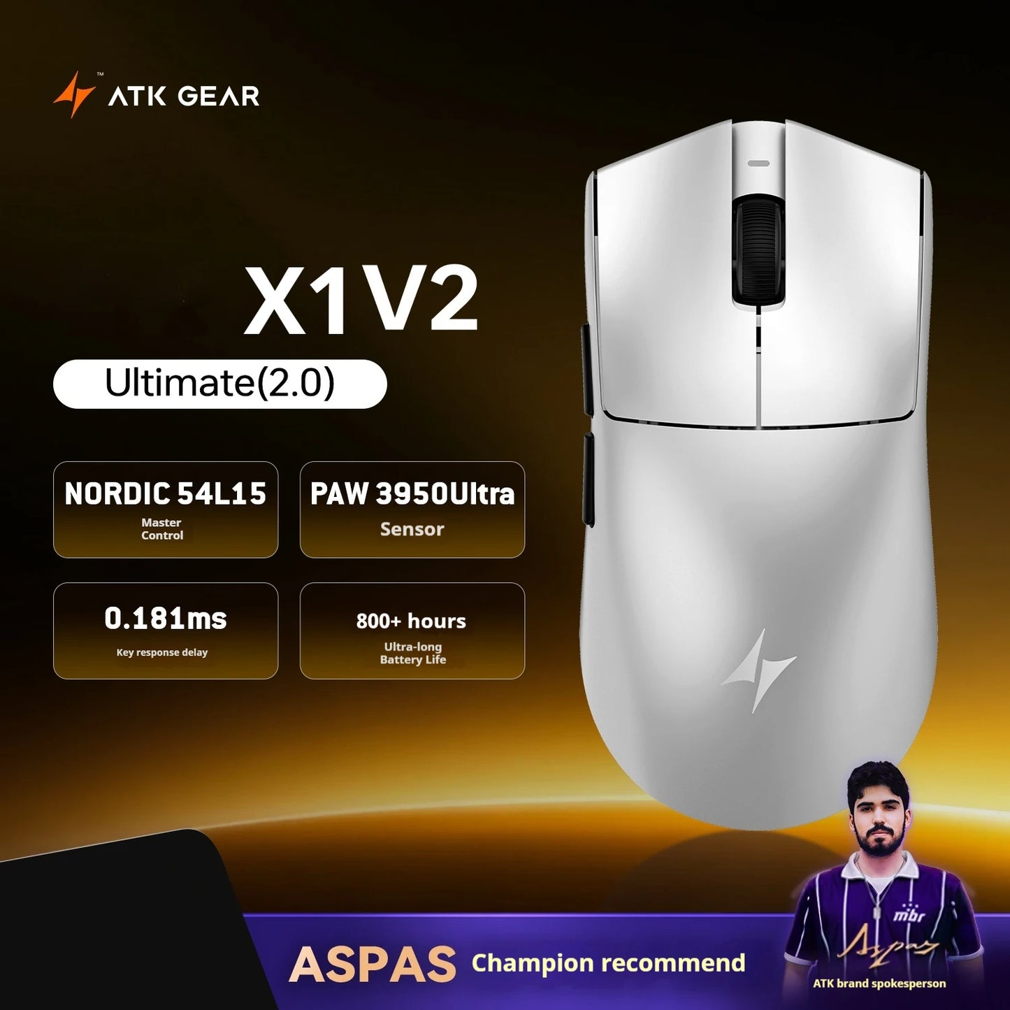 Mouse gaming wireless ATK X1 V2 Ultimate 2.0 Paw3950 Ultra, 54g, ușor, 750ips, latență redusă 0.163ms, 650ips, accesoriu nou, cadou