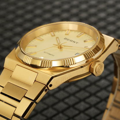 Montre automatique pour homme BERNY, dorée, verre saphir, aiguilles luminescentes, 100 % originale, équipée d'un mouvement PT5000, revêtement antireflet, modèle de luxe avec lunette interchangeable, étanche 5 ATM.