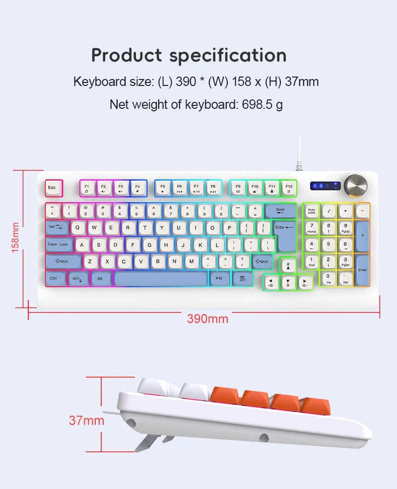 93-Key Minimalist Wired Gaming Keyboard Mixed Color Lighting With Multifunction Knob Mechanical Feeling Keyboard For PC Gamers