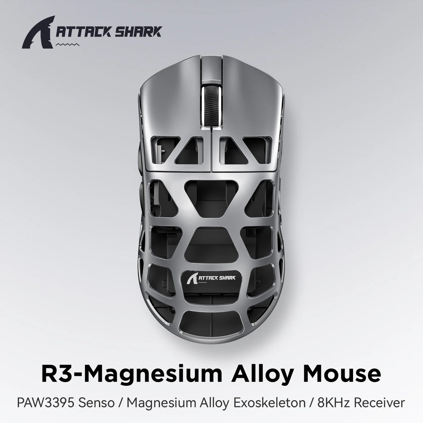 ATTACK SHARK R3 8KHz-mus i magnesiumlegering, PixArt PAW3395-sensor, op til 26000 DPI, 2.4G/BT/kablet, 46g superlet, til PC/Mac
