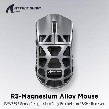 ATTACK SHARK R3 8KHz-mus i magnesiumlegering, PixArt PAW3395-sensor, op til 26000 DPI, 2.4G/BT/kablet, 46g superlet, til PC/Mac