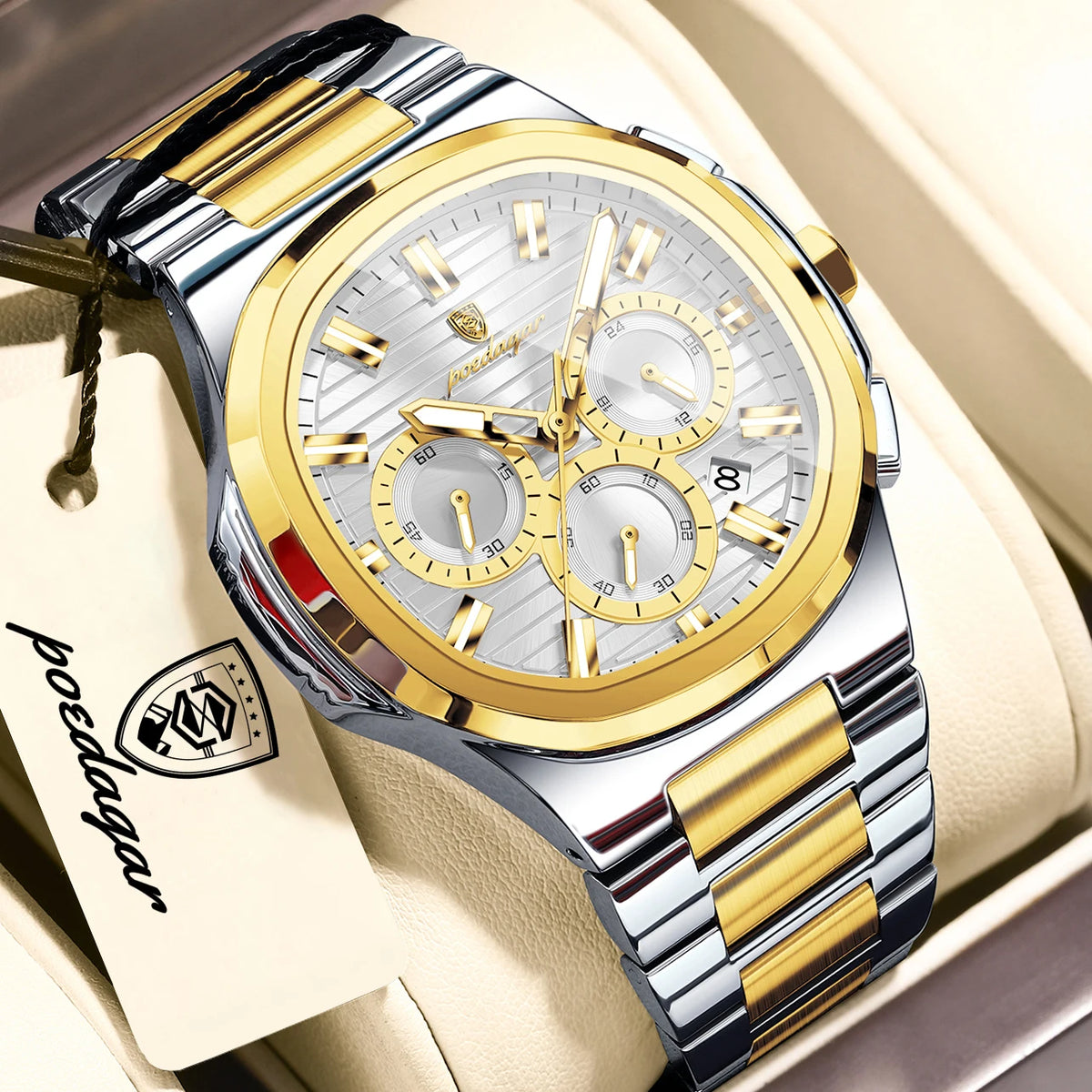 POEDAGAR Men’s Luxury Stainless Steel Quartz Watch  Waterproof Chronograph with Luminous Dial & Date