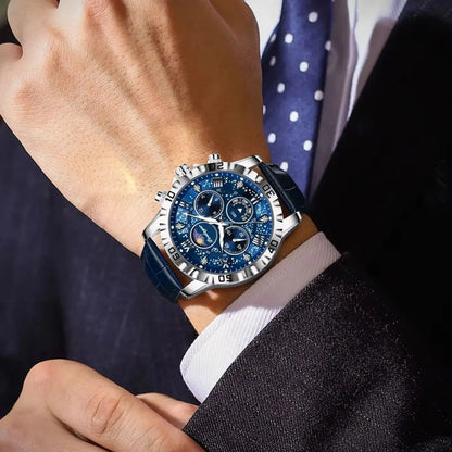 Luxusní pánské náramkové hodinky POEDAGAR – sportovní chronograf, vodotěsné a s luminiscenčními prvky, s koženým řemínkem, quartzový strojek